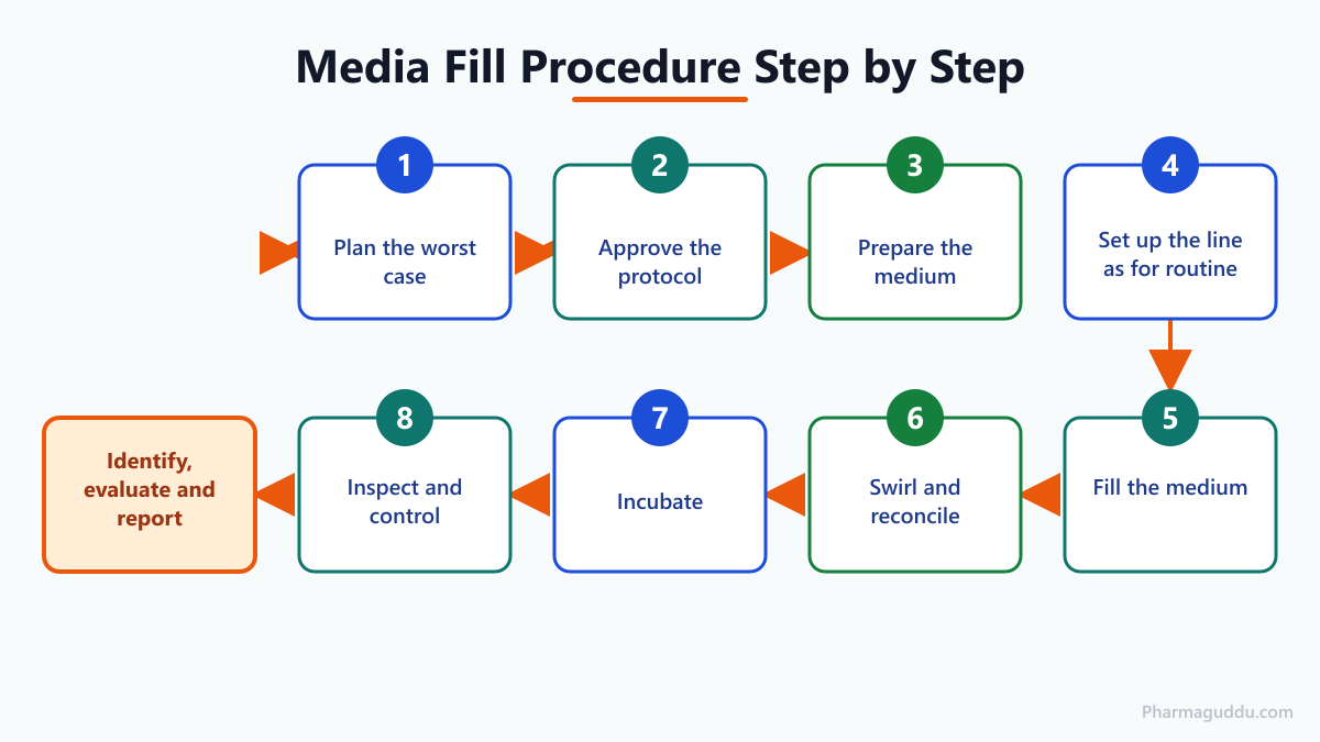 Numbered step-by-step diagram of the media fill procedure and protocol from planning the worst case to final report