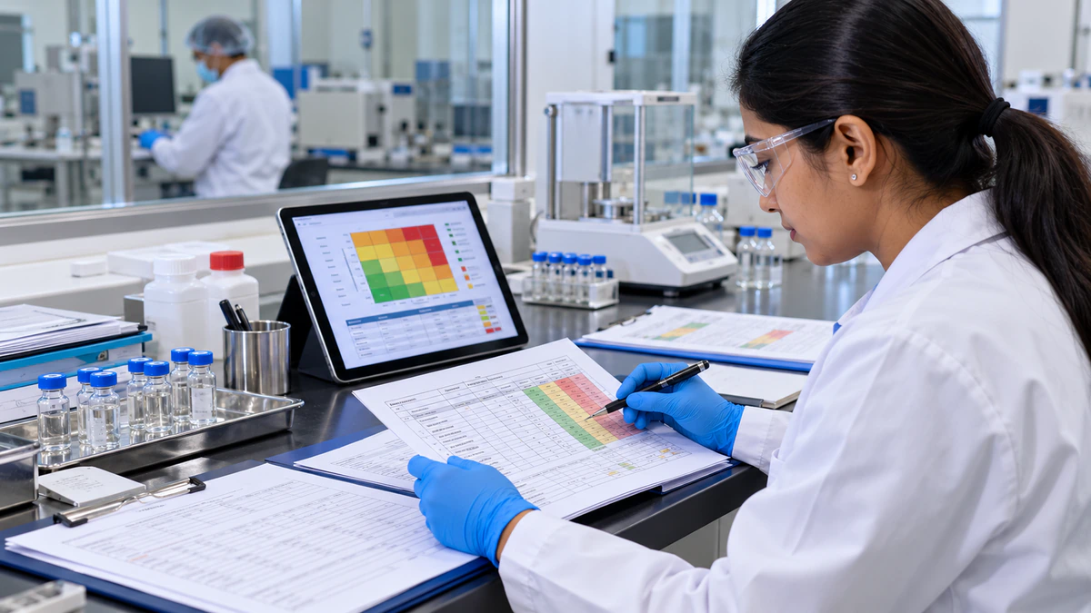 Technician in a pharmaceutical lab reviewing a color-coded risk matrix, part of a risk assessment protocol in pharmaceuticals