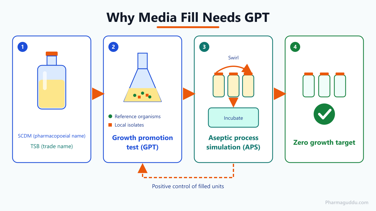 SCDM TSB growth promotion test in media fill flow from medium to growth proof to zero growth result