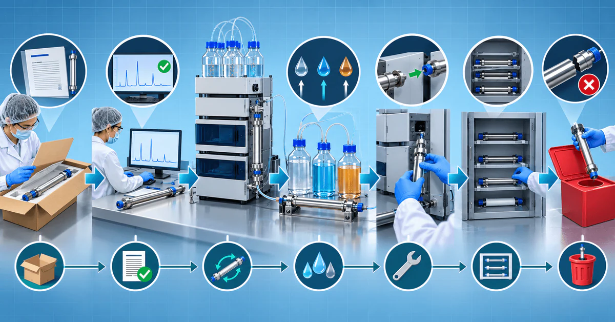 Illustrated workflow for the SOP for HPLC column cleaning and their maintenance, from unboxing to storage and disposal