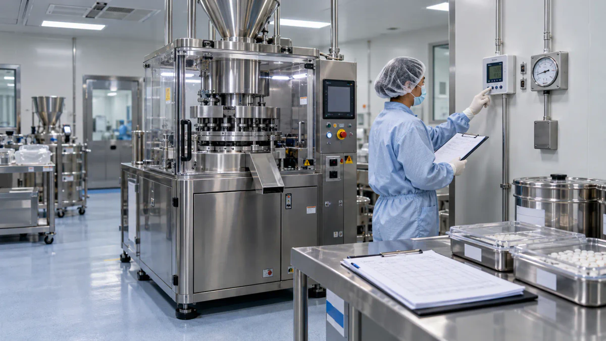 Technician with clipboard checks a wall panel beside a tablet press, for an SOP on handling products during a power failure