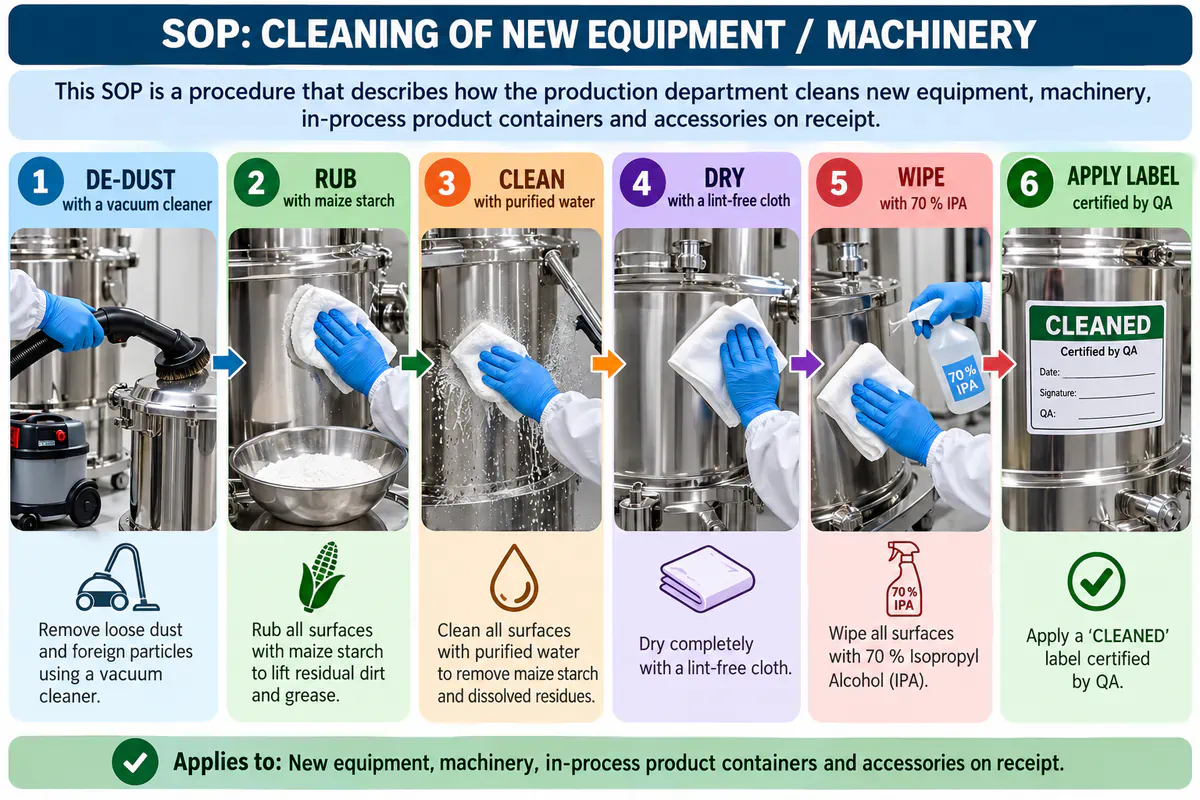 Six-step infographic for the SOP on cleaning of new equipment/machinery, from vacuum de-dusting to a QA CLEANED label