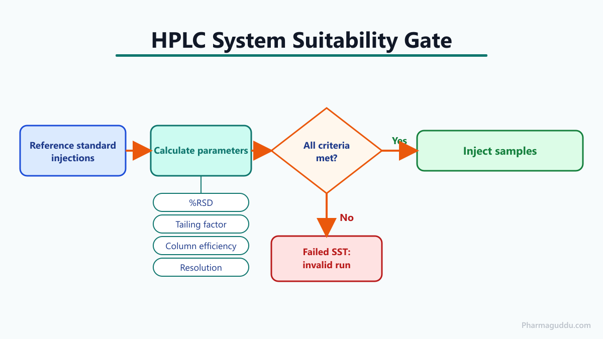 Flow diagram of system suitability in HPLC: standard injections, parameter calculation, pass to samples or fail to invalid run