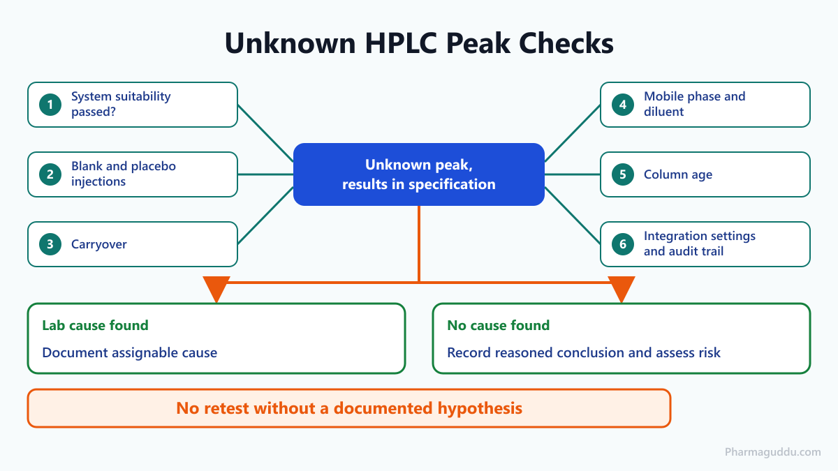 Troubleshooting checklist for an unknown HPLC peak in an out of expectation OOE pharma review